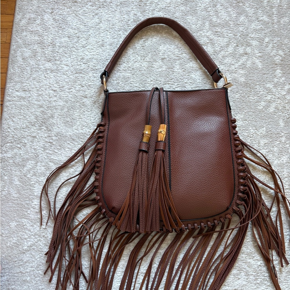 Fringed Brown Shoulder Tote with Tassel Accents